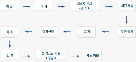 01.적발,02.대사, 03.과태료부과사정통지, 04.의견제출, 05.부과결의,06.고지, 07.이의신청,08.독촉,09.압류,10.중 가산금 매월 조정결의,11.체납정리